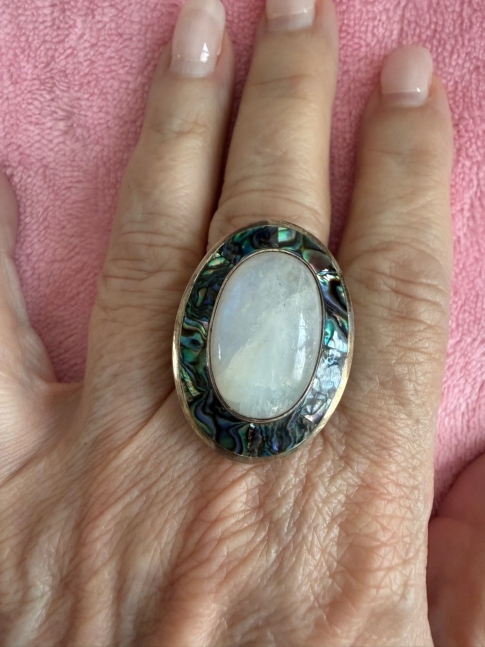 Artisan Abalone and Moonstone Adjustable 925 Sterling Silver Statement Ring 9